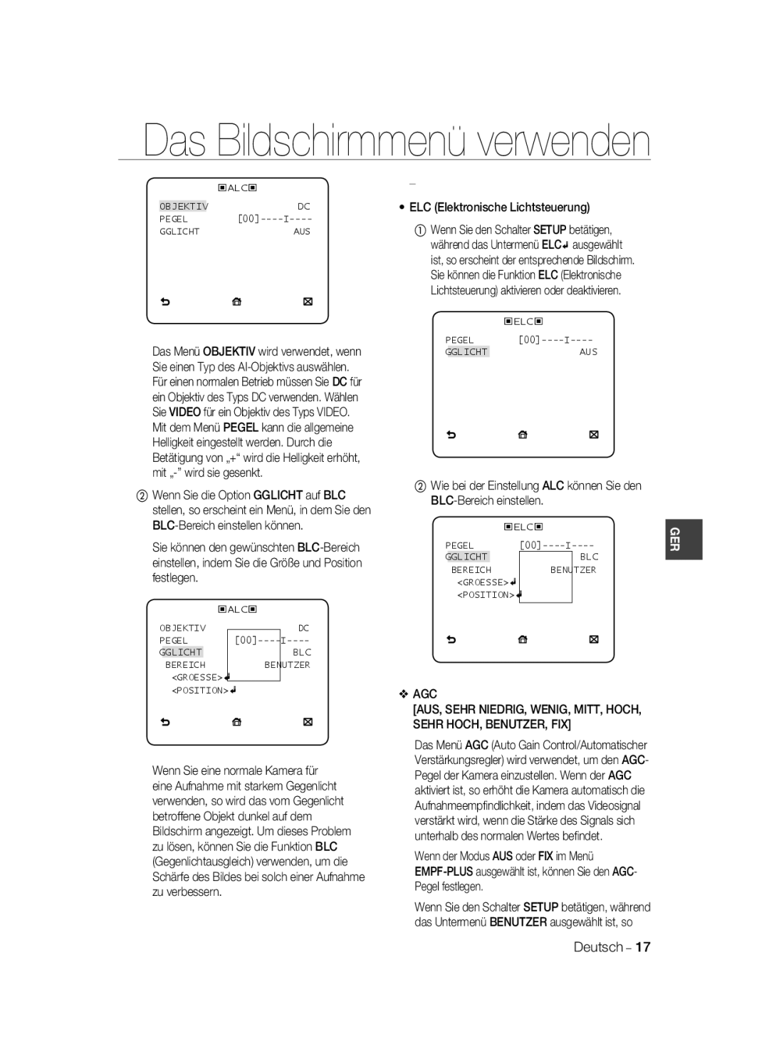 Samsung SCC-B2331N, SCC-B2331BP, SCC-B2031BP, SCC-B2031P/CDM, SCC-B2331P/CDM manual ELC Elektronische Lichtsteuerung 