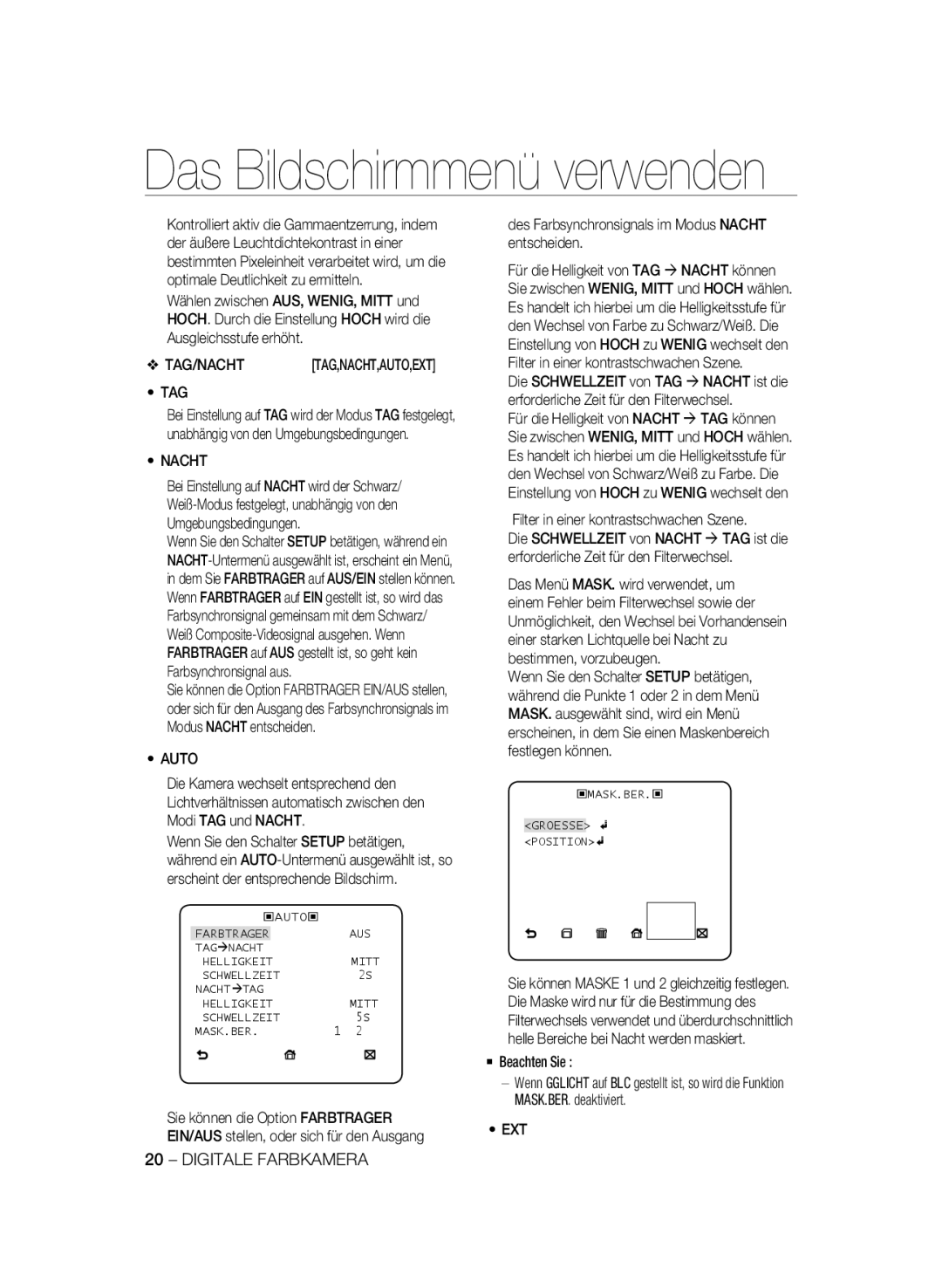 Samsung SCC-B2031P Tag, Des Farbsynchronsignals im Modus Nacht entscheiden, Filter in einer kontrastschwachen Szene 