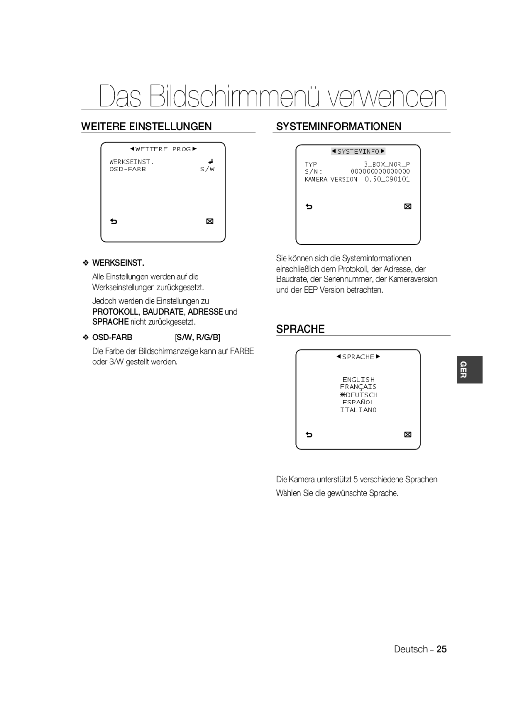 Samsung SCC-B2331N, SCC-B2031P, SCC-B2331P manual Weitere Einstellungen Systeminformationen, Sprache, Werkseinst, Osd-Farb 