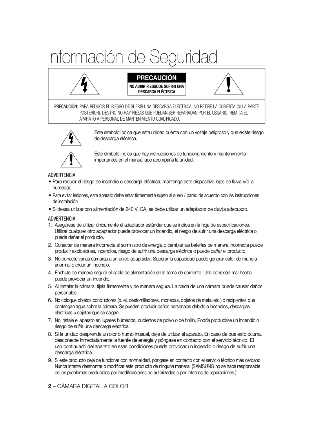 Samsung SCC-B2331N, SCC-B2031P, SCC-B2331P, SCC-B2331BP manual Información de Seguridad, Advertencia, Cámara Digital a Color 