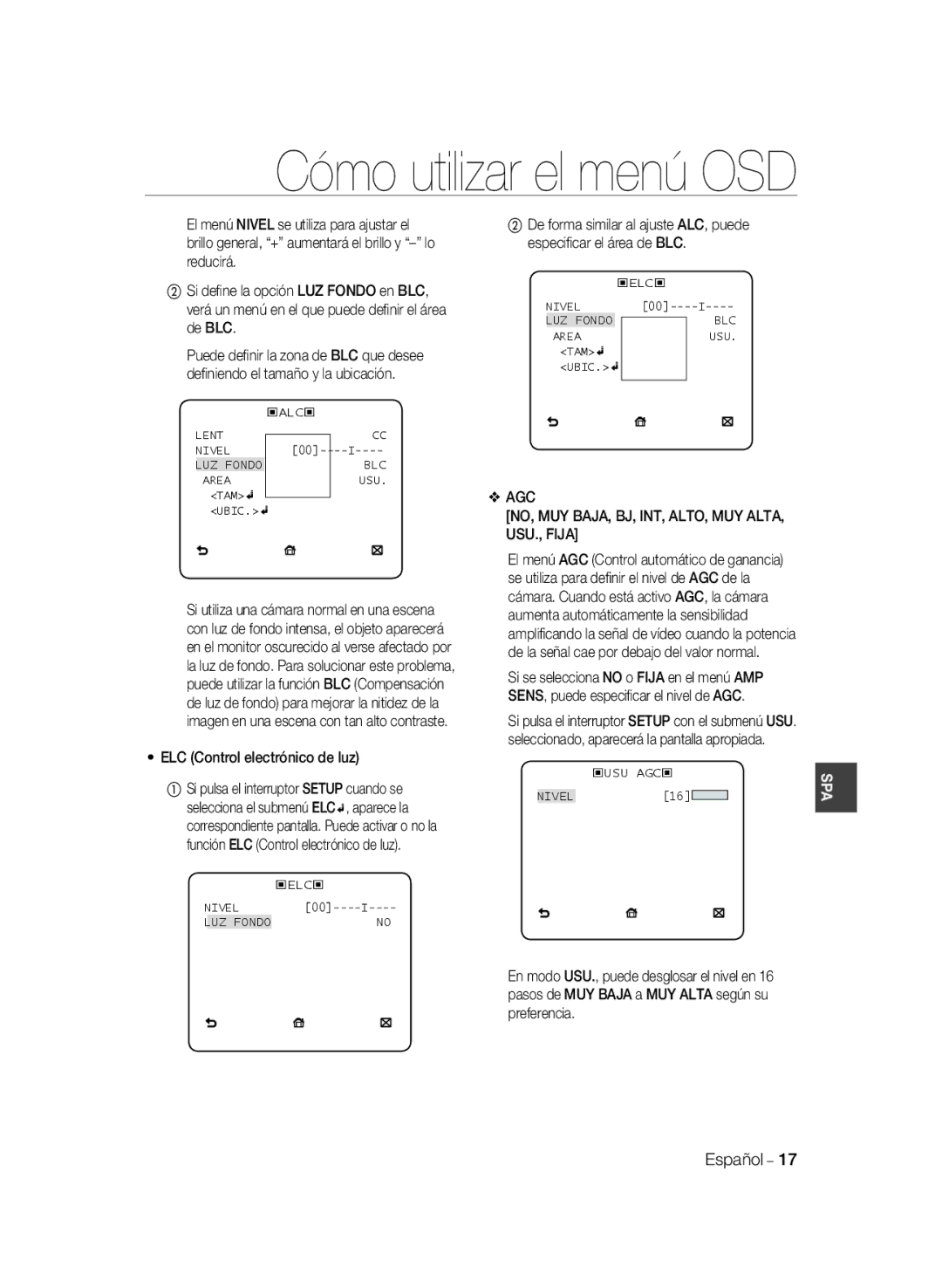 Samsung SCC-B2333P, SCC-B2033P manual ELC Control electrónico de luz, AGC NO, MUY BAJA, BJ, INT, ALTO, MUY ALTA, USU., Fija 