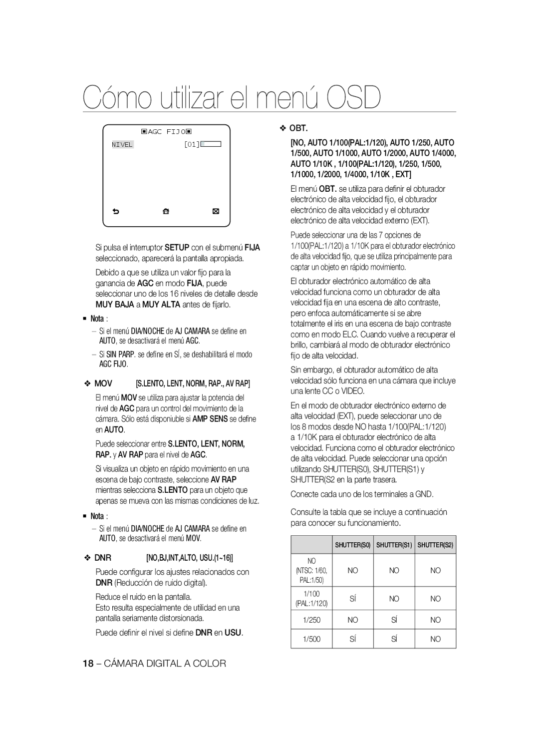 Samsung SCC-B2333BP, SCC-B2033P, SCC-B2333P, SCC-B2033BP manual AGC Fijo, 18 Cámara Digital a Color 