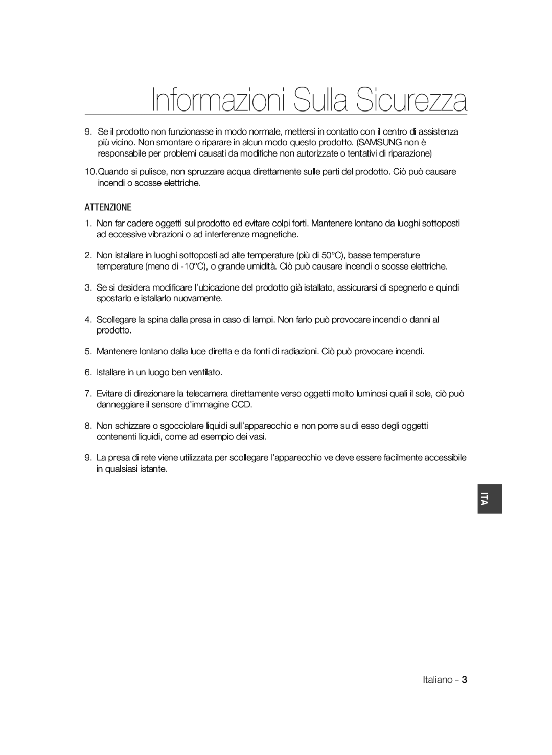 Samsung SCC-B2033BP, SCC-B2033P, SCC-B2333P, SCC-B2333BP manual Attenzione, Italiano 