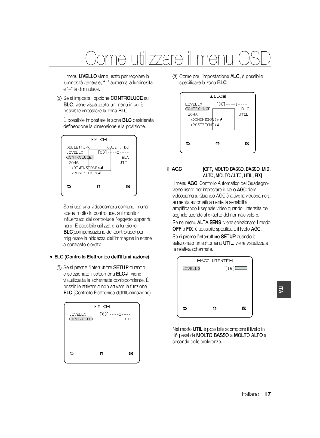 Samsung SCC-B2333P Obbiettivo OBIET. DC Livello, Zona Util Dimensione Posizione, Livello Controluce OFF, ‹Agc Utente‹ 