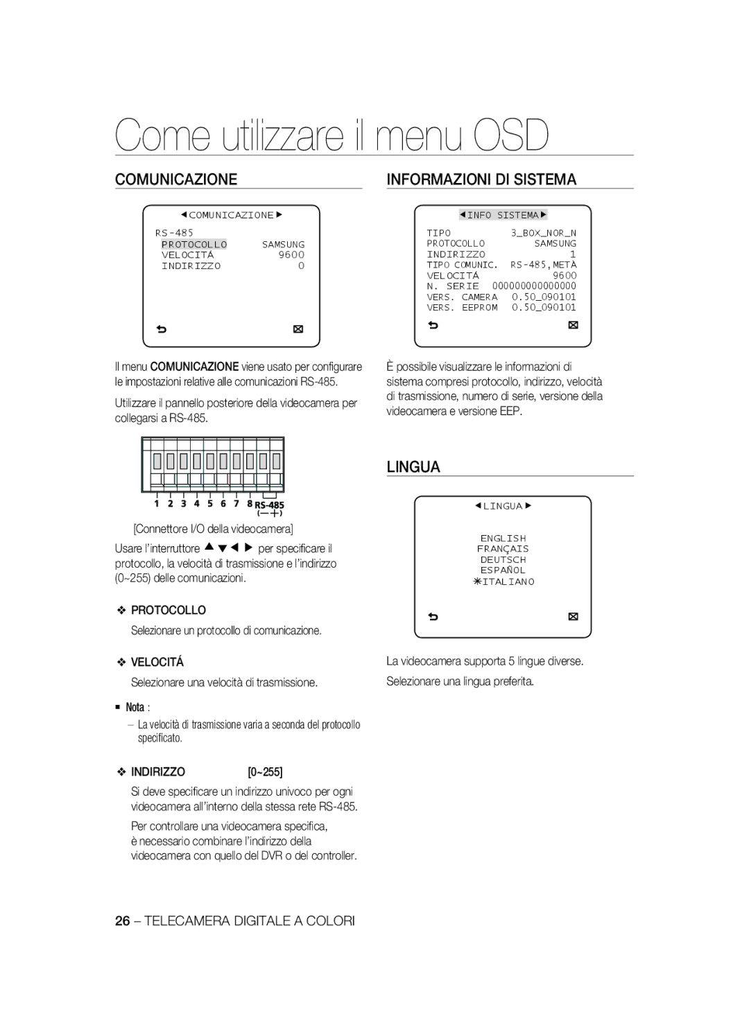 Samsung SCC-B2333BP, SCC-B2033P, SCC-B2333P, SCC-B2033BP manual Lingua, Protocollo, Velocitá, Indirizzo 