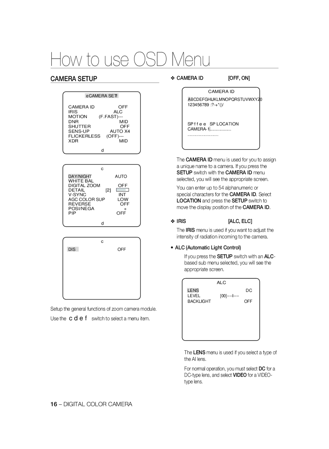 Samsung SCC-B2033P manual Camera Setup, Iris, Lens menu is used if you select a type of the AI lens, Camera ID, Alc, Elc 