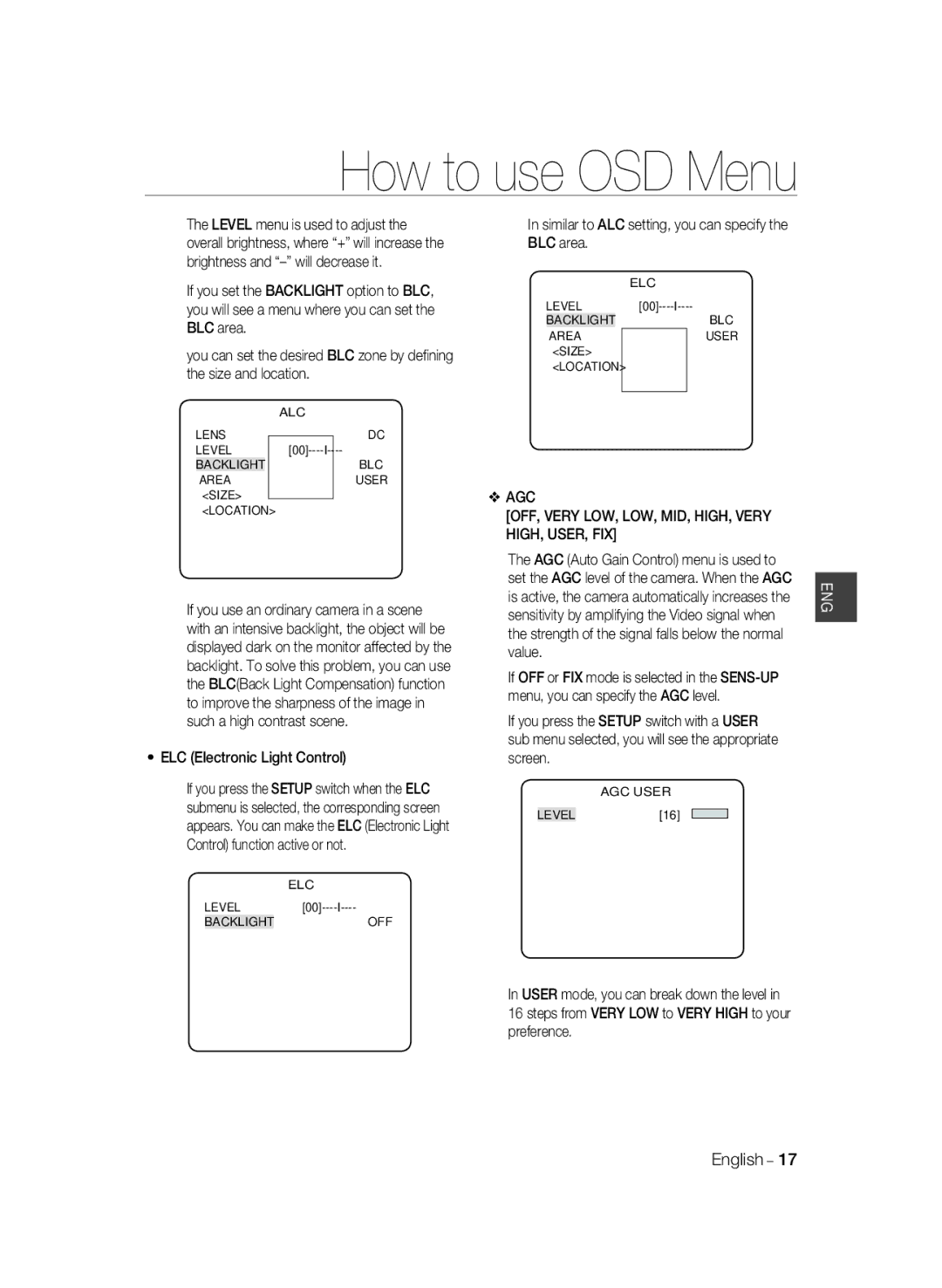 Samsung SCC-B2333P, SCC-B2033P, SCC-B2333BP, SCC-B2033BP manual AGC OFF, Very LOW, LOW, MID, HIGH, Very HIGH, USER, FIX 