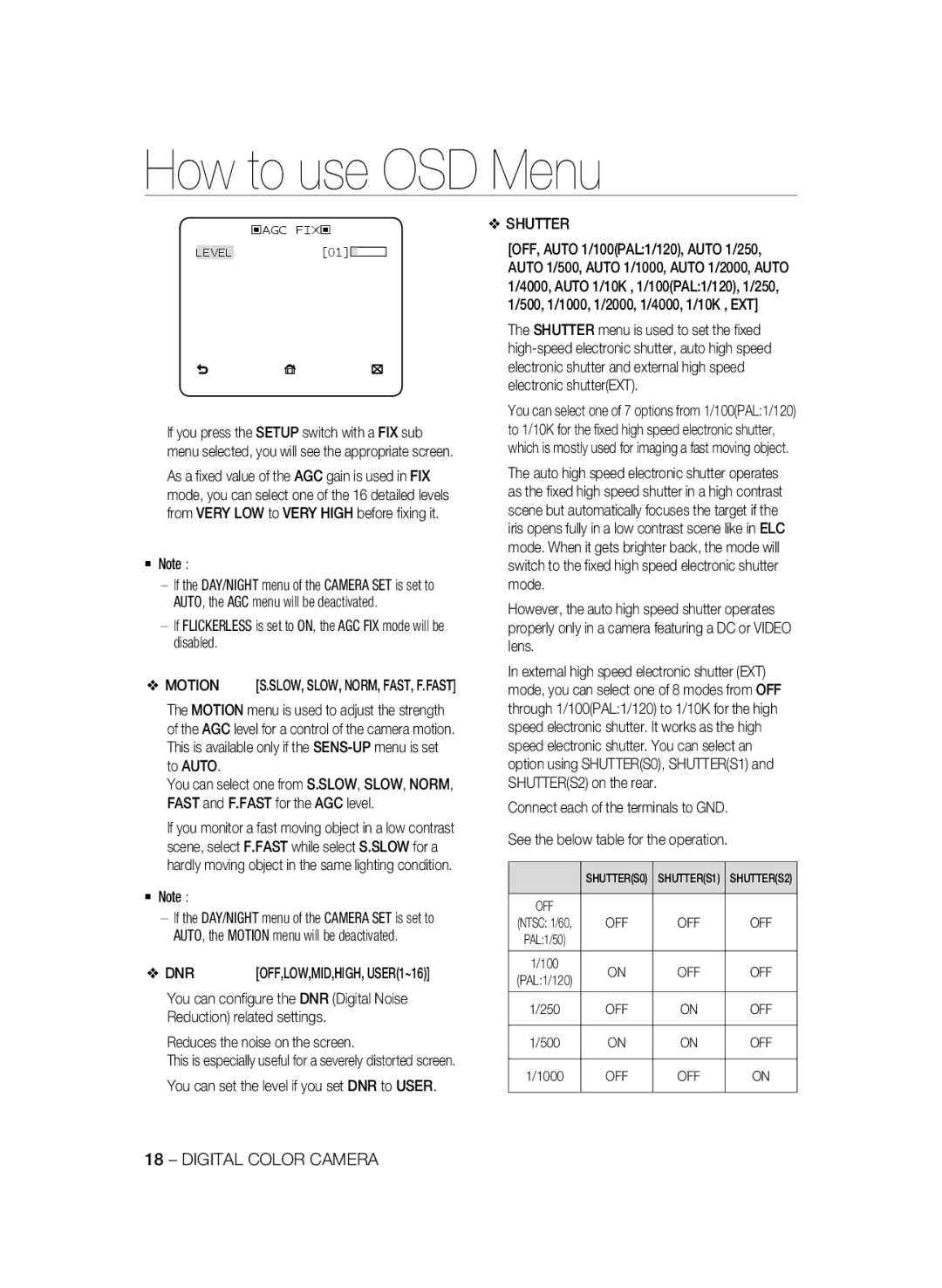 Samsung SCC-B2333BP, SCC-B2033P, SCC-B2333P, SCC-B2033BP manual Motion, Dnr, Reduces the noise on the screen, Shutter, Off 