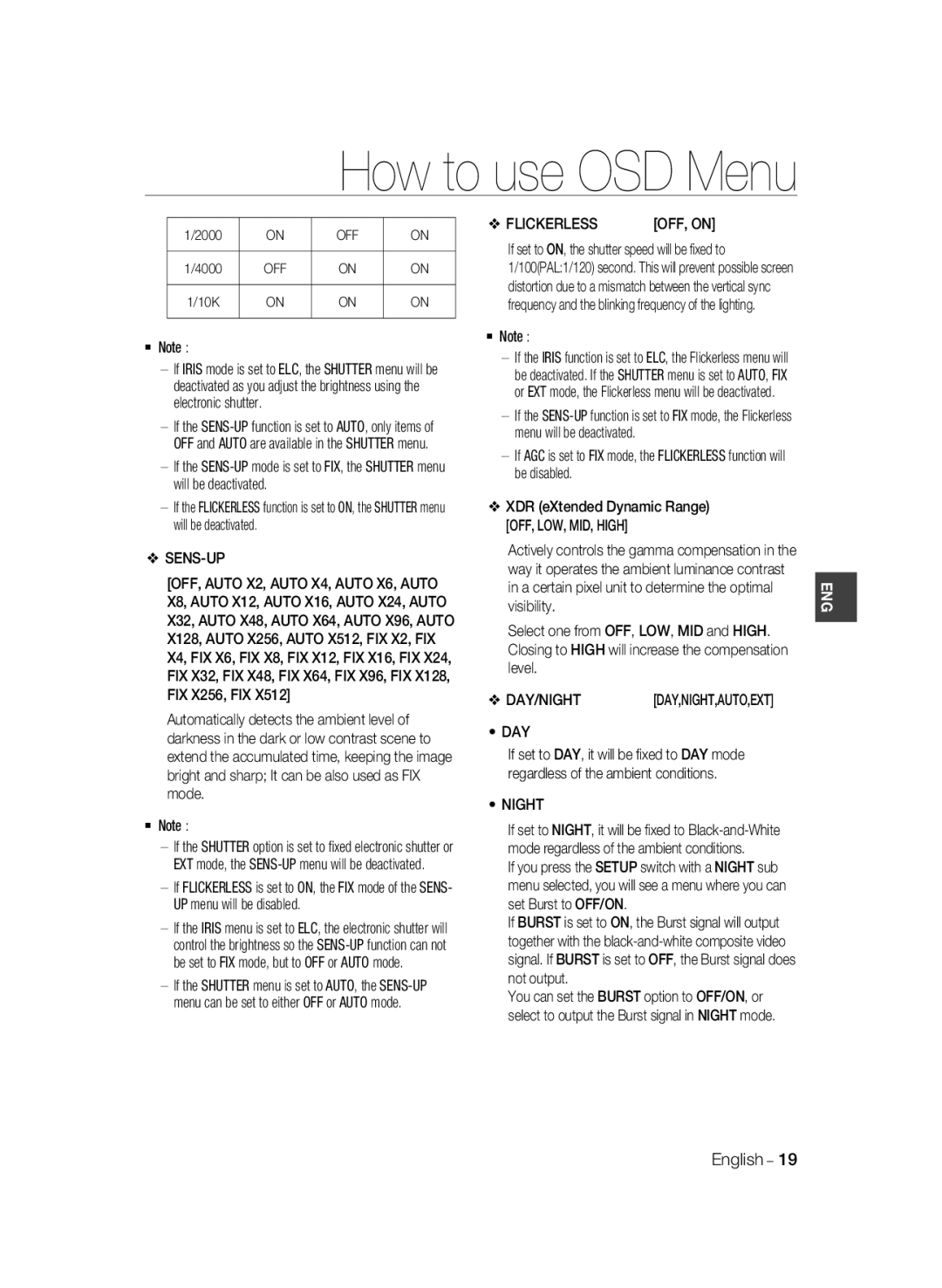 Samsung SCC-B2033BP, SCC-B2033P, SCC-B2333P, SCC-B2333BP manual Sens-Up, Flickerless, Day, Night 