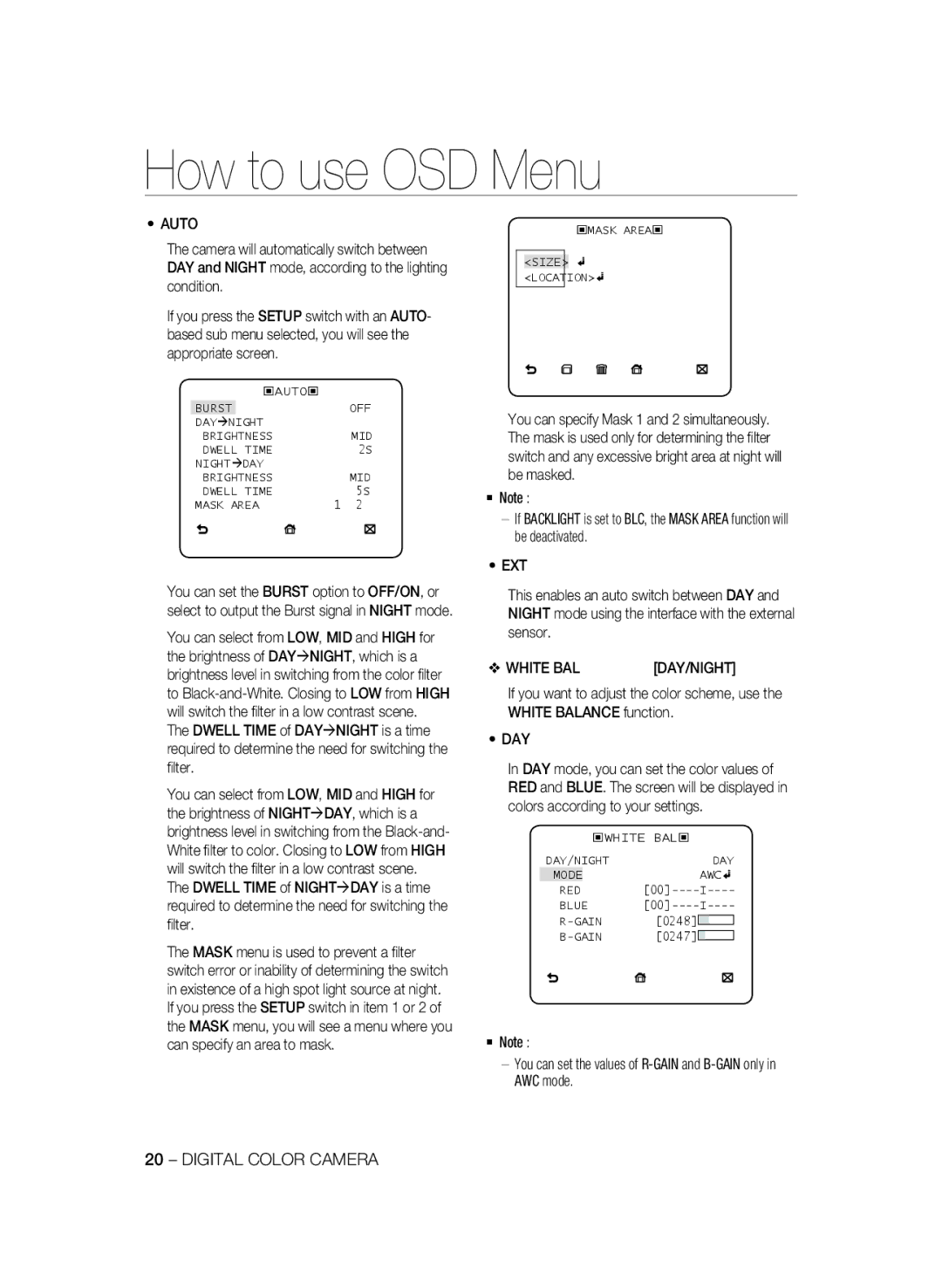 Samsung SCC-B2033P manual Auto, Ext, White BAL, ‹MASK AREA‹ Size Location, ‹WHITE BAL ‹ DAY/NIGHT Mode AWC RED Blue Gain 