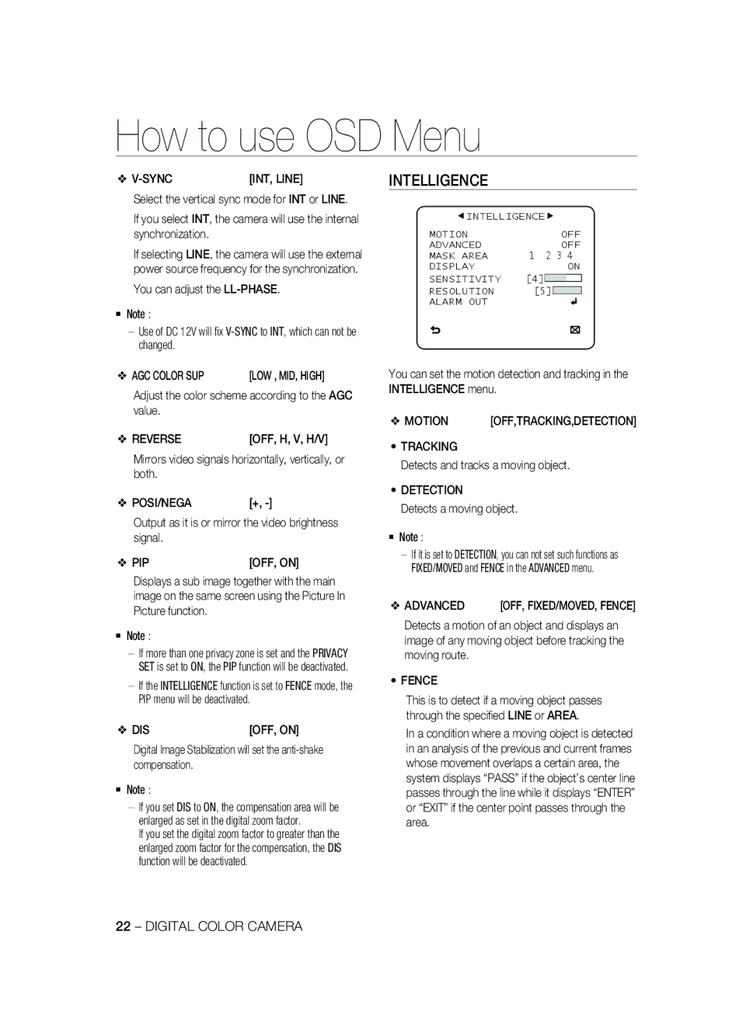 Samsung SCC-B2333BP, SCC-B2033P, SCC-B2333P, SCC-B2033BP manual Intelligence 