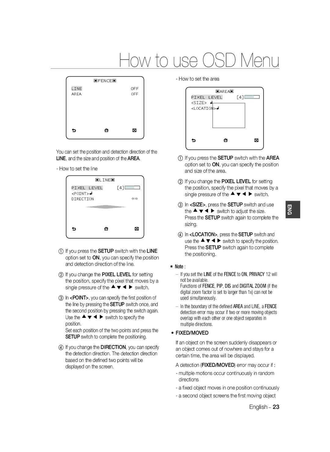 Samsung SCC-B2033BP, SCC-B2033P, SCC-B2333P, SCC-B2333BP manual How to set the line, How to set the area, Sizing, Fixed/Moved 