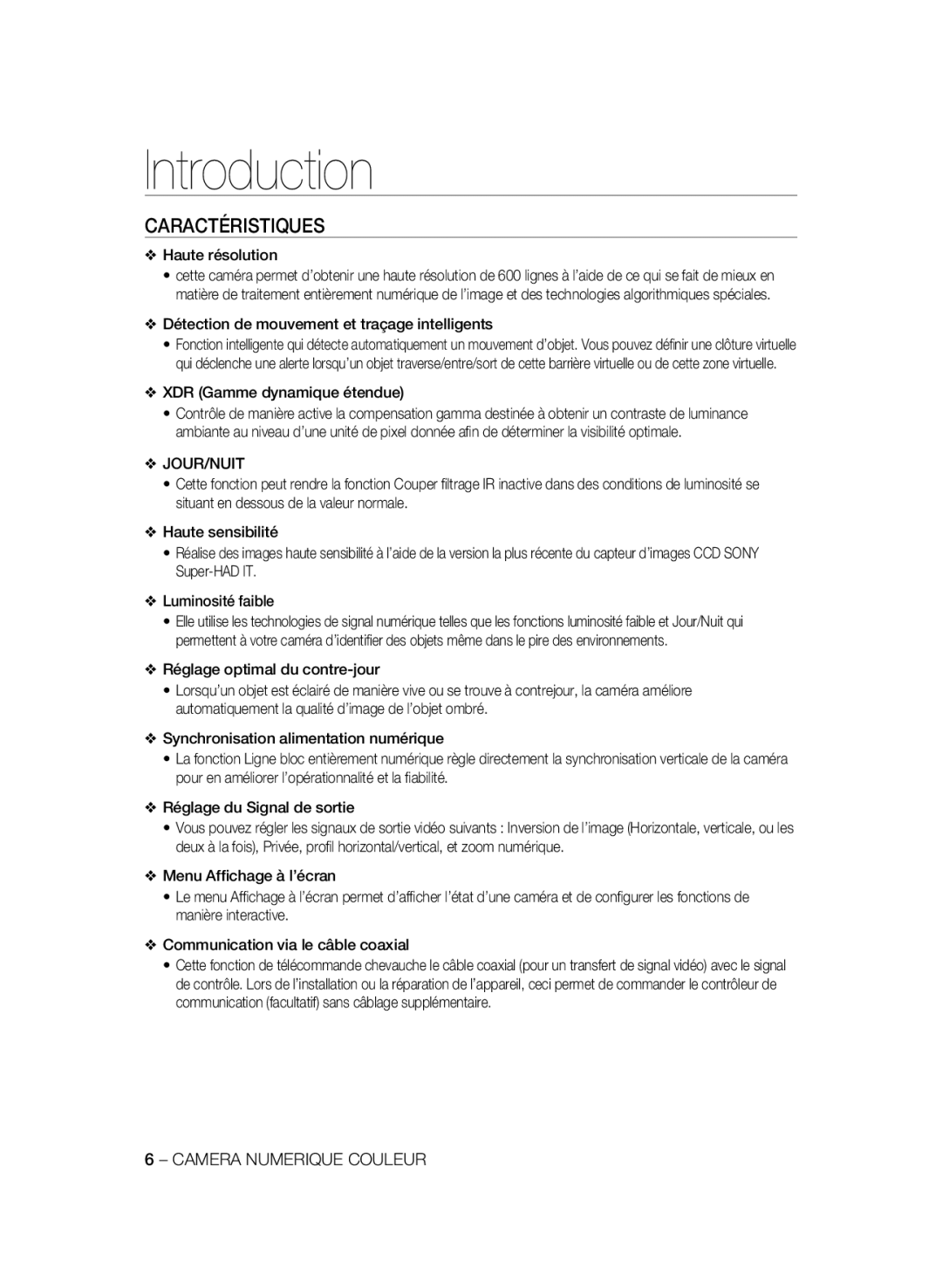 Samsung SCC-B2333BP manual Caractéristiques, Haute résolution, Détection de mouvement et traçage intelligents, Jour/Nuit 