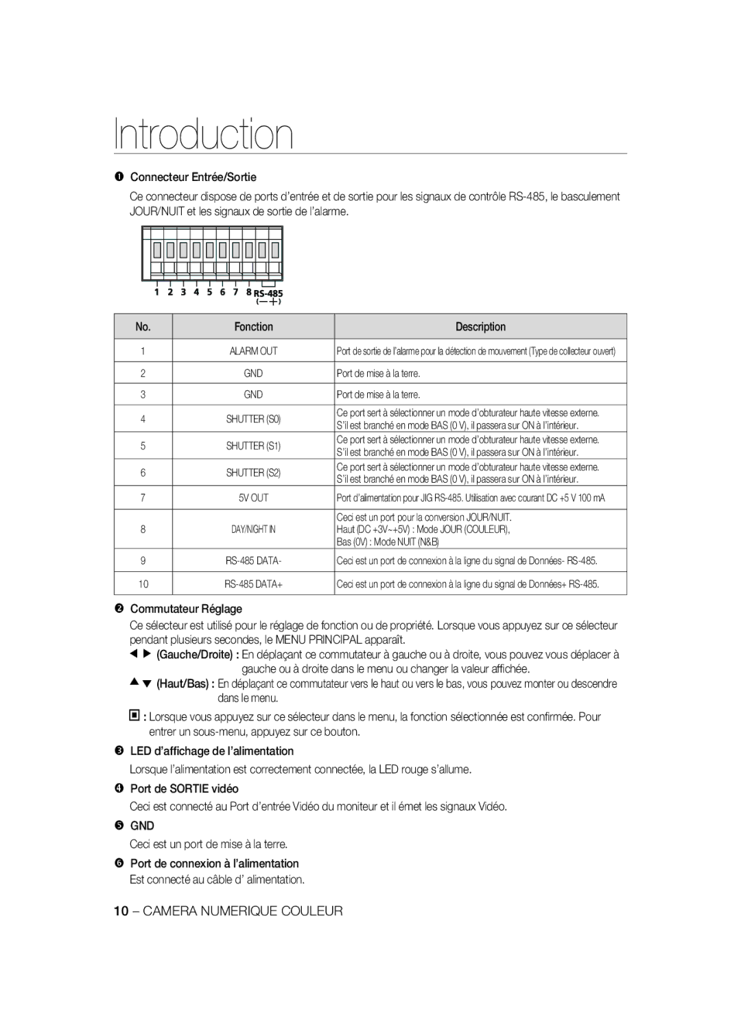 Samsung SCC-B2333BP manual Port de mise à la terre, Ceci est un port pour la conversion JOUR/NUIT, Bas 0V Mode Nuit N&B 