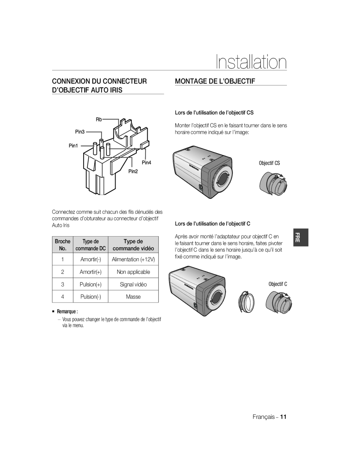 Samsung SCC-B2033BP, SCC-B2033P, SCC-B2333P, SCC-B2333BP manual Montage DE L’OBJECTIF, ’OBJECTIF Auto Iris 