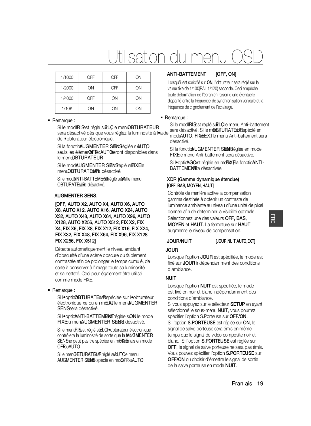 Samsung SCC-B2033BP, SCC-B2033P, SCC-B2333P, SCC-B2333BP manual Augmenter Sens, Jour, Nuit, 1000, Anti-Battement 