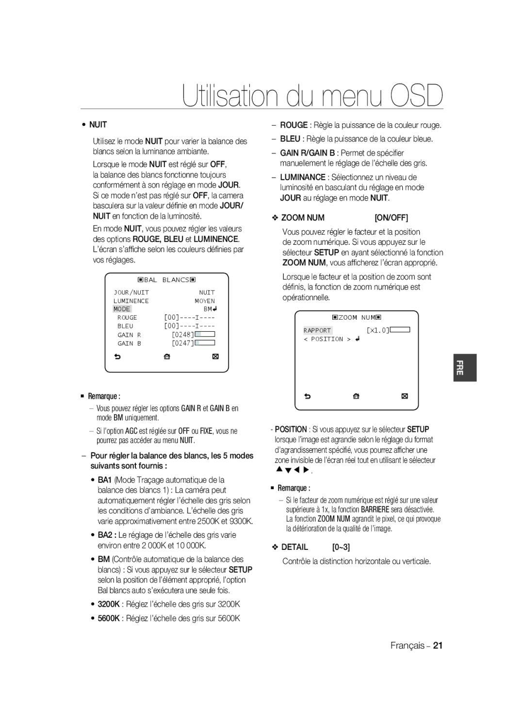 Samsung SCC-B2333P, SCC-B2033P Bleu Règle la puissance de la couleur bleue, Zoom NUM, ‹ZOOM NUM‹ Rapport X1.0 Position 