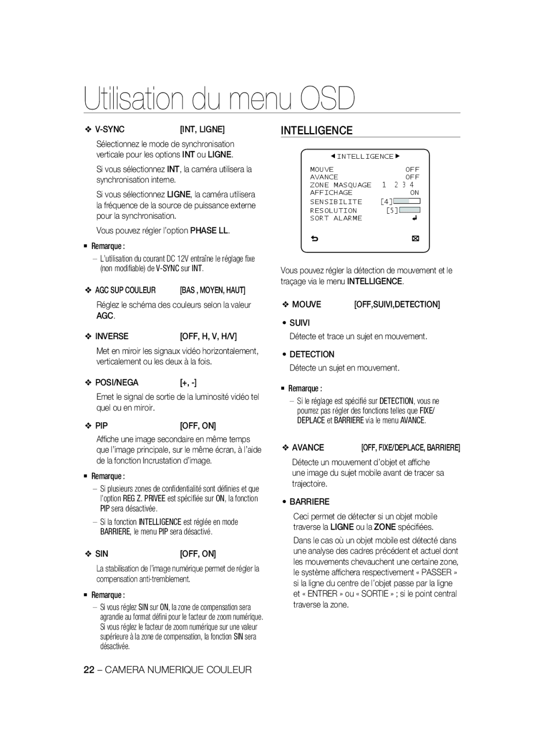 Samsung SCC-B2333BP, SCC-B2033P, SCC-B2333P, SCC-B2033BP manual AGC Inverse, Suivi, Avance, Barriere 