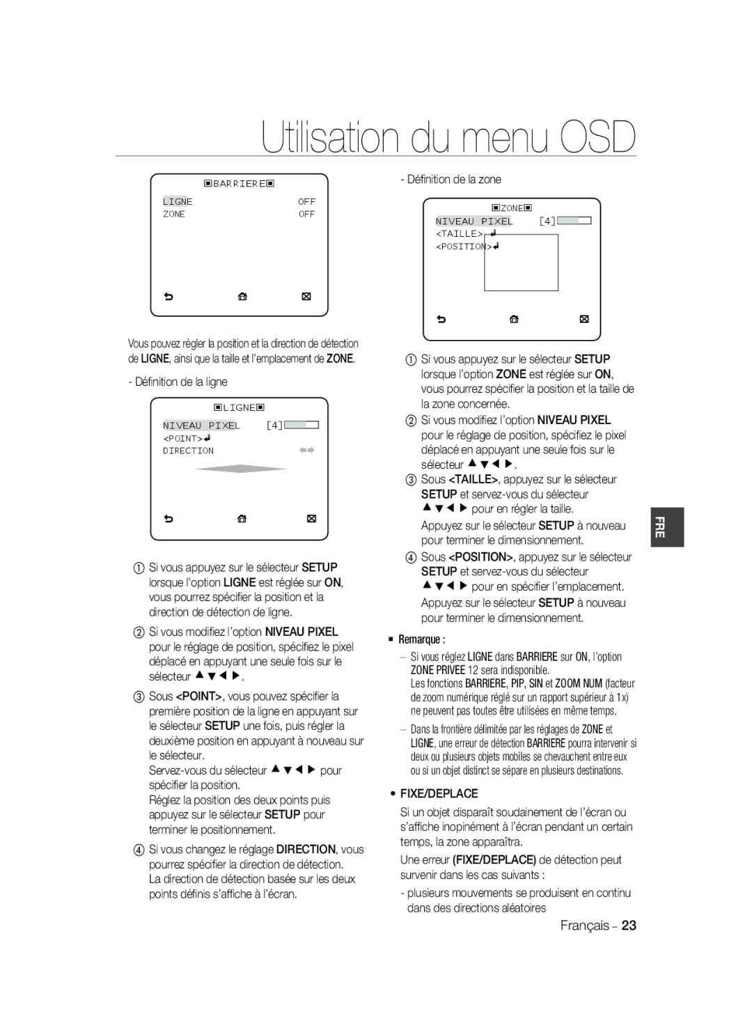 Samsung SCC-B2033BP, SCC-B2033P, SCC-B2333P, SCC-B2333BP manual Fixe/Deplace 