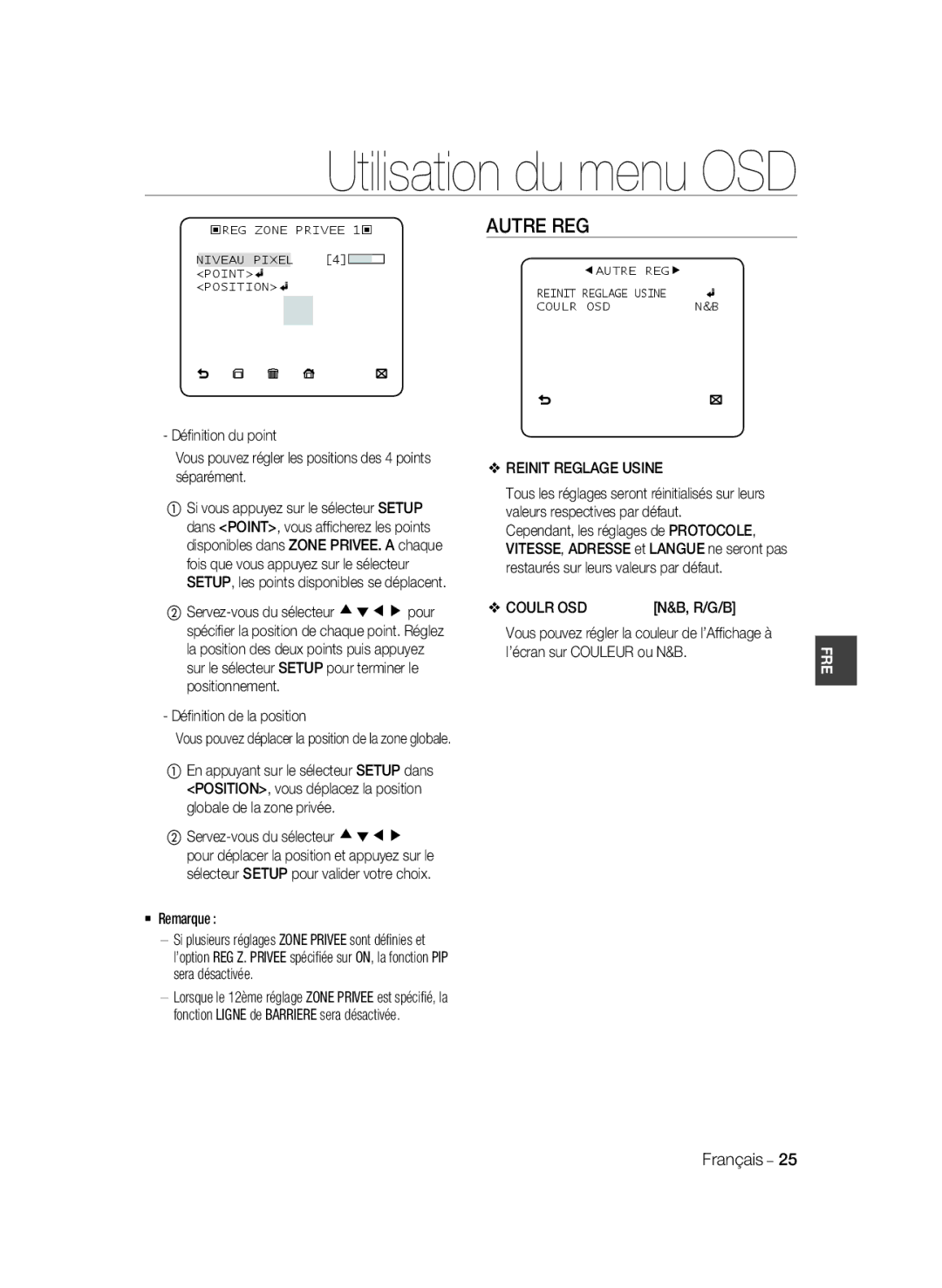 Samsung SCC-B2333P, SCC-B2033P, SCC-B2333BP manual Autre REG, Reinit Reglage Usine, Déﬁnition de la position, Coulr OSD 