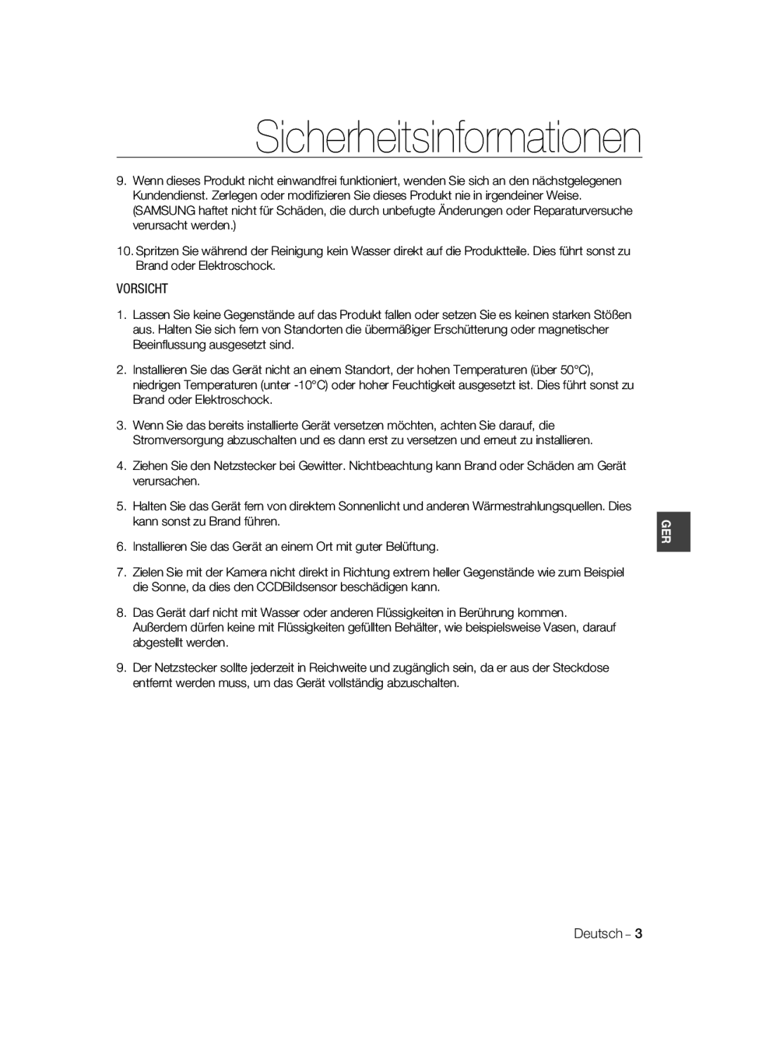 Samsung SCC-B2033BP, SCC-B2033P, SCC-B2333P, SCC-B2333BP manual Vorsicht, Deutsch 