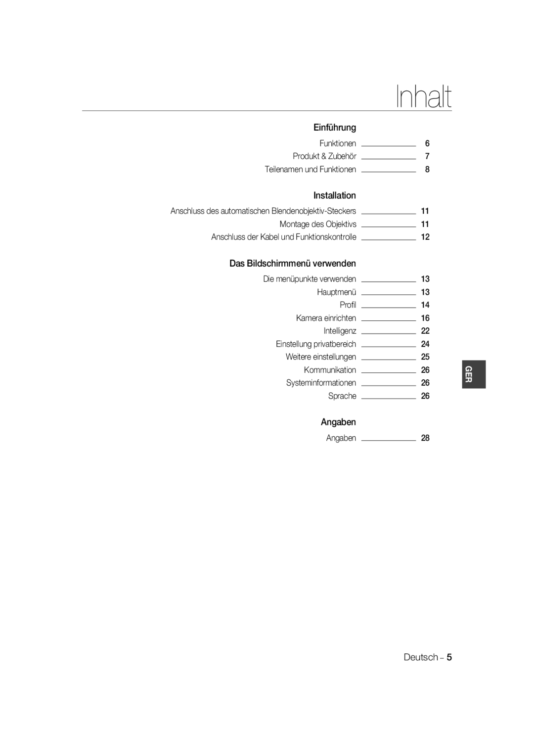 Samsung SCC-B2333P, SCC-B2033P, SCC-B2333BP manual Inhalt, Einführung Funktionen, Das Bildschirmmenü verwenden, Angaben 