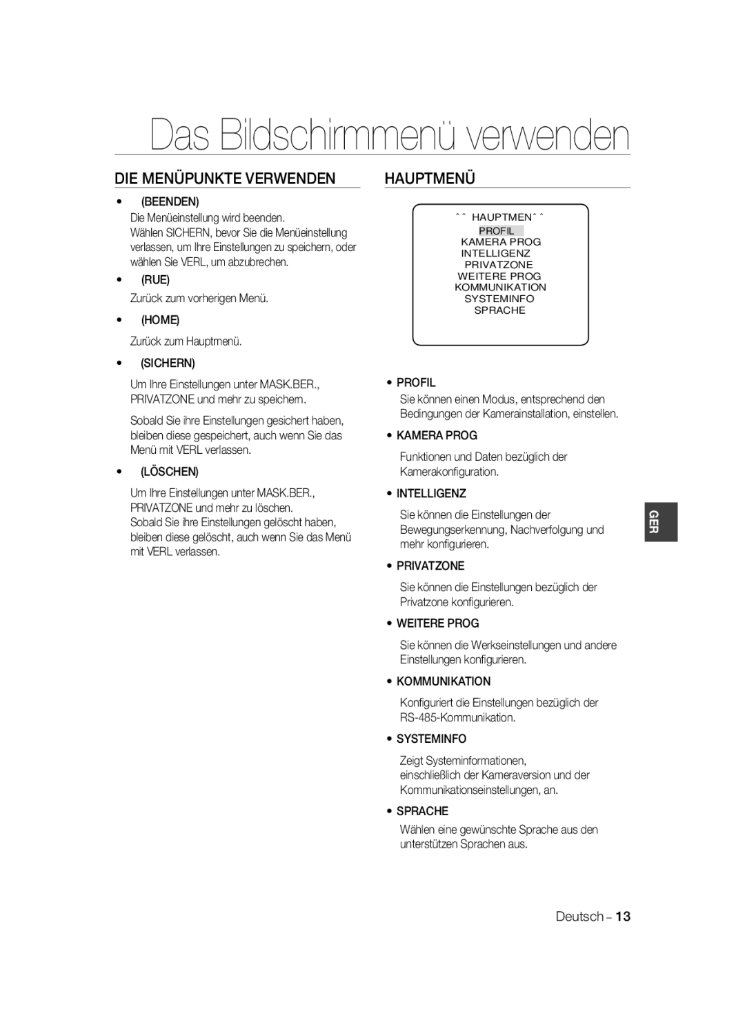 Samsung SCC-B2333P, SCC-B2033P, SCC-B2333BP, SCC-B2033BP manual DIE Menüpunkte Verwenden, Hauptmenü 