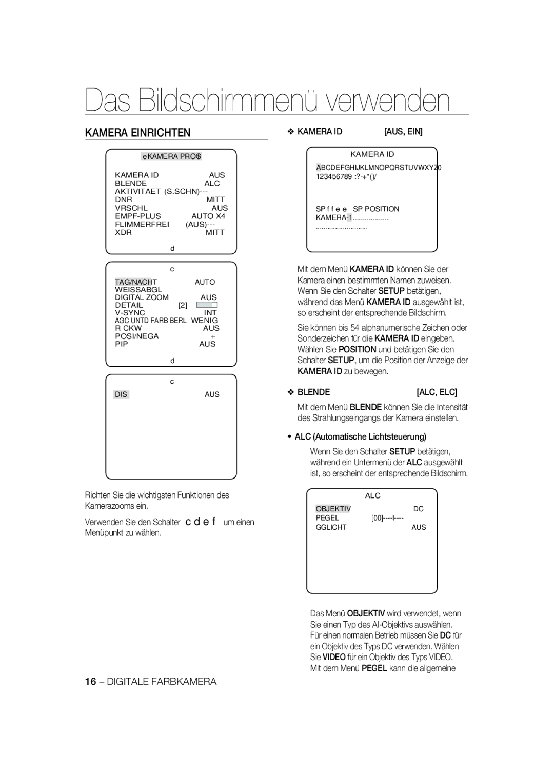 Samsung SCC-B2033P, SCC-B2333P, SCC-B2333BP manual Kamera Einrichten, Blende, ALC Automatische Lichtsteuerung, Kamera ID 