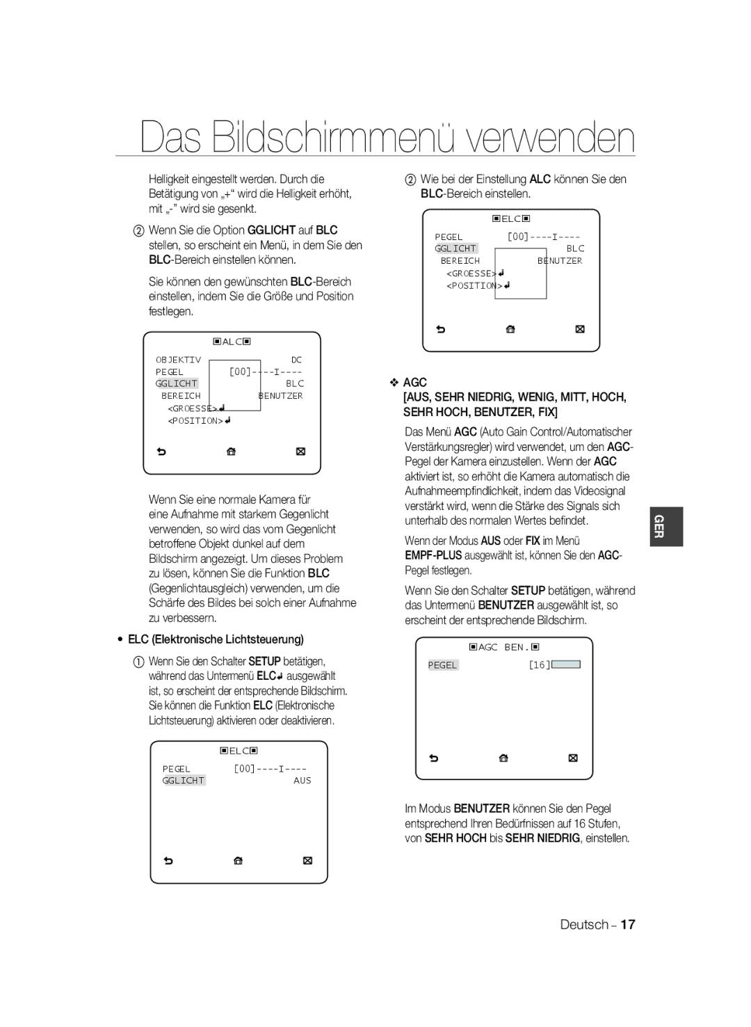 Samsung SCC-B2333P, SCC-B2033P, SCC-B2333BP, SCC-B2033BP manual Sehr HOCH, BENUTZER, FIX 