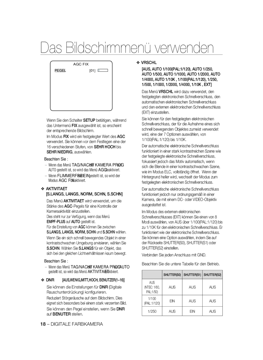 Samsung SCC-B2333BP, SCC-B2033P, SCC-B2333P, SCC-B2033BP manual Aktivitaet LANGS, LANGS, NORM, SCHN, S.SCHN, Vrschl, Aus 