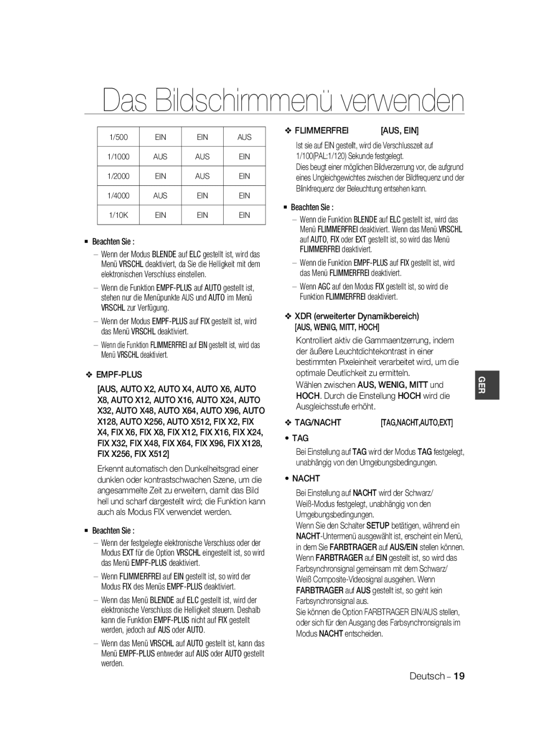 Samsung SCC-B2033BP, SCC-B2033P, SCC-B2333P, SCC-B2333BP manual Empf-Plus, Flimmerfrei, Tag, Nacht, Ein Aus 