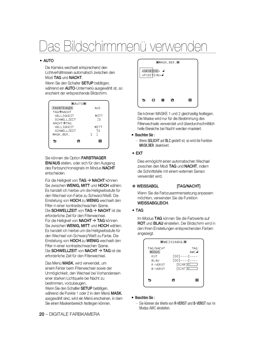 Samsung SCC-B2033P Weissabgleich TAG, ‹MASK.BER.‹ Groesse Position, ‹WEISSABGL‹ TAG/NACHT Modus AWC ROT Blau Verst 