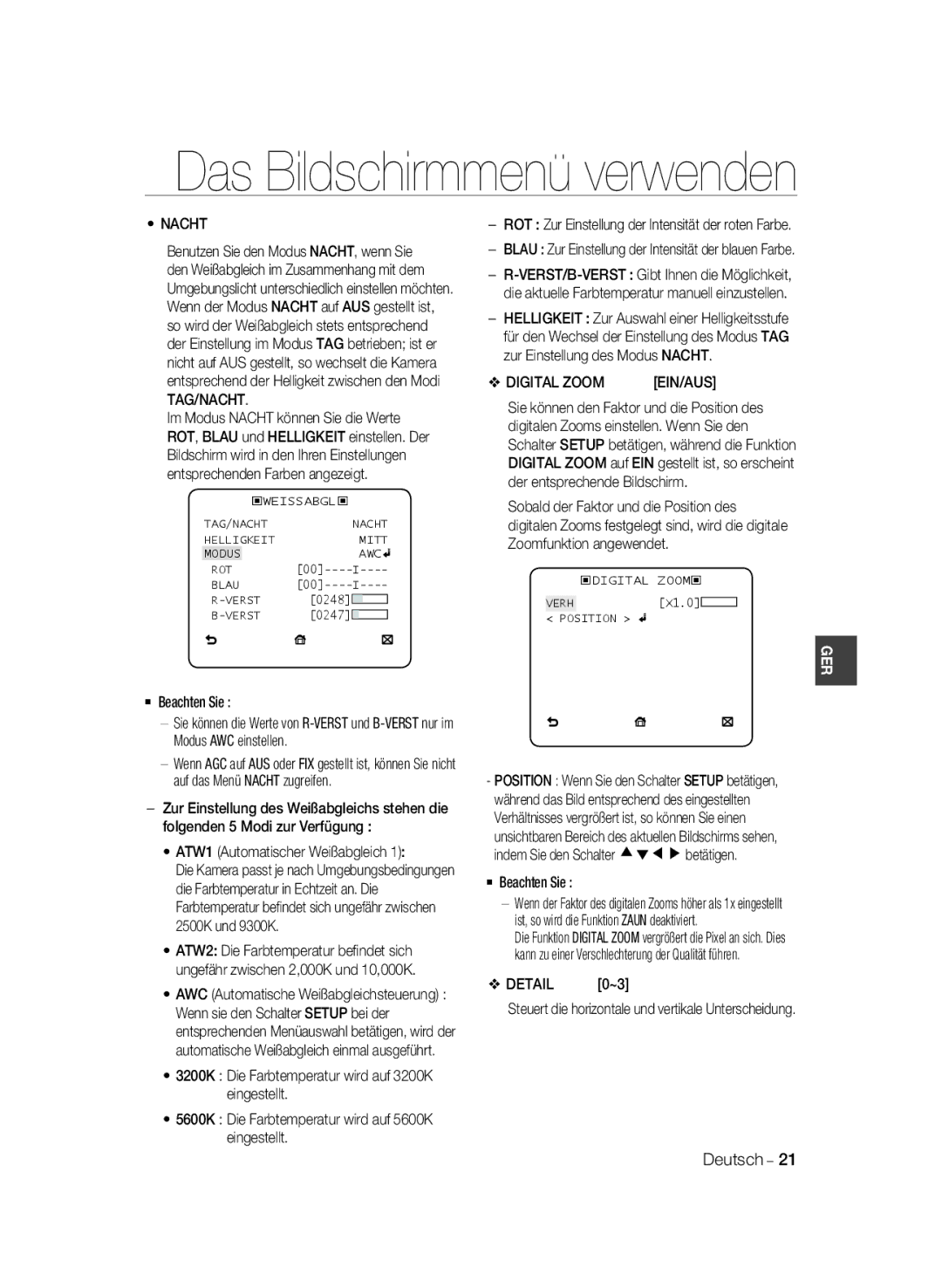 Samsung SCC-B2333P, SCC-B2033P, SCC-B2333BP manual ATW1 Automatischer Weißabgleich, Detail 0~3, Ein/Aus, ‹Digital Zoom‹ 