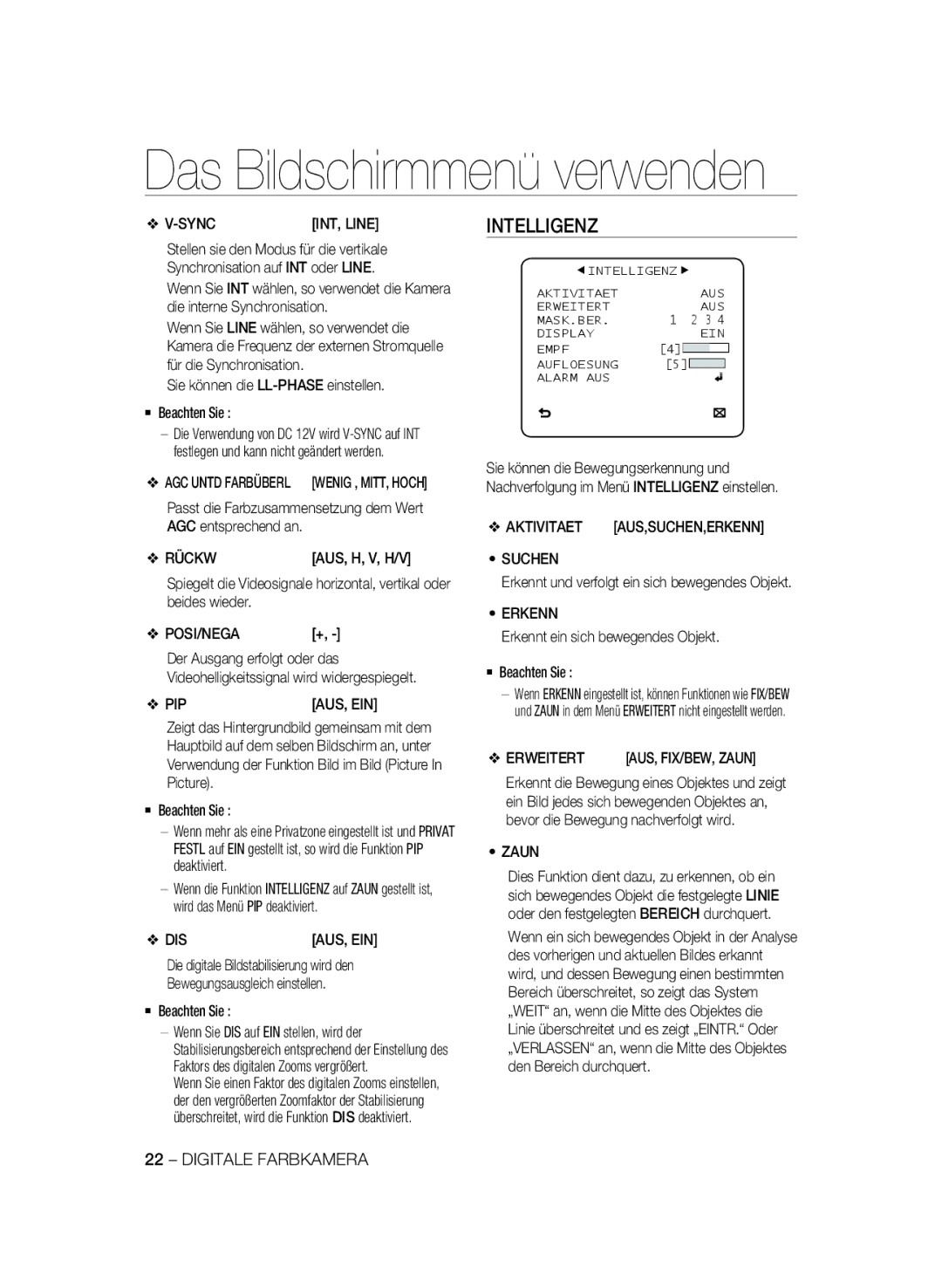 Samsung SCC-B2333BP, SCC-B2033P, SCC-B2333P, SCC-B2033BP manual Intelligenz 