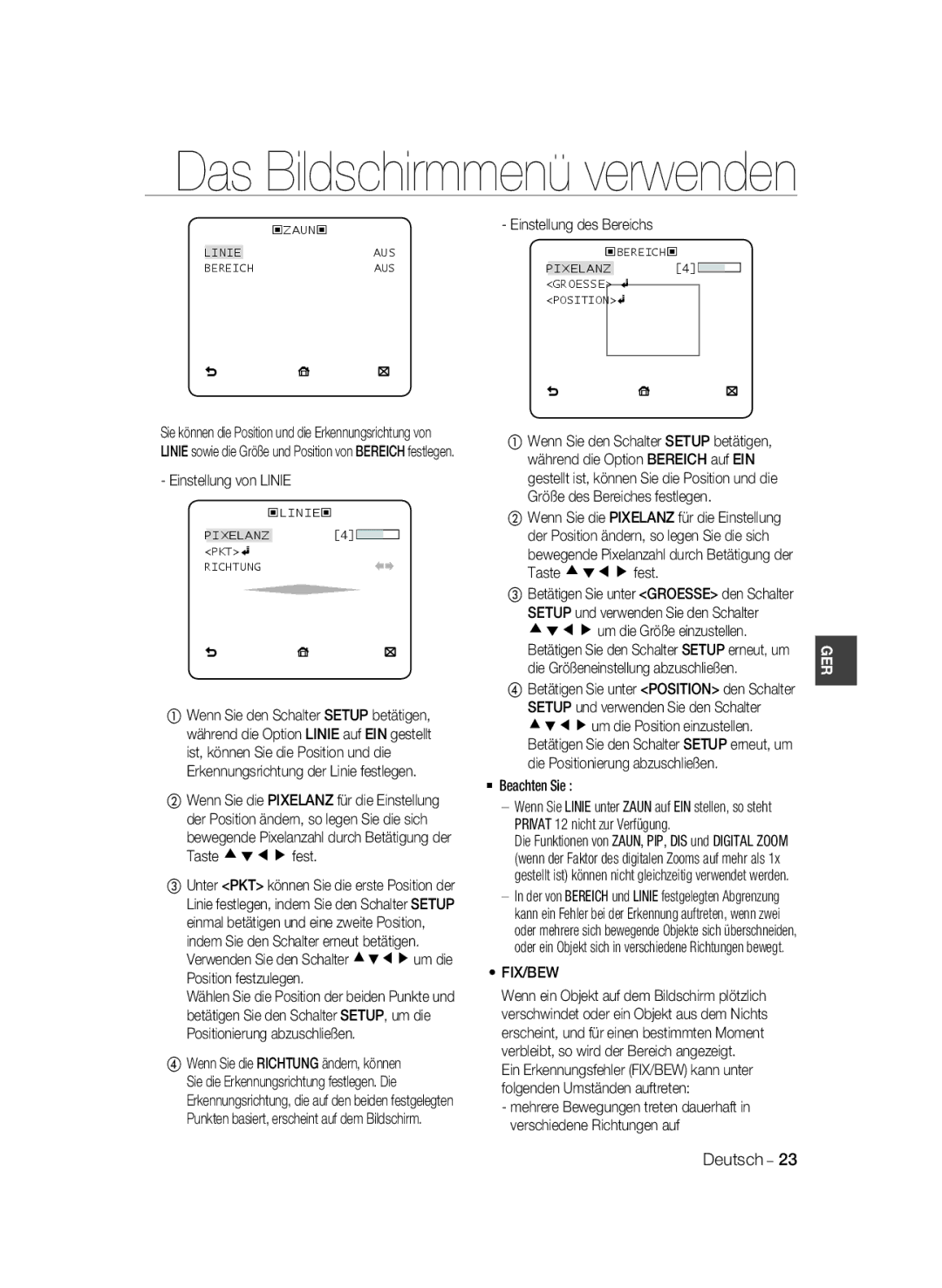 Samsung SCC-B2033BP, SCC-B2033P, SCC-B2333P, SCC-B2333BP manual Einstellung von Linie, Fix/Bew, Einstellung des Bereichs 