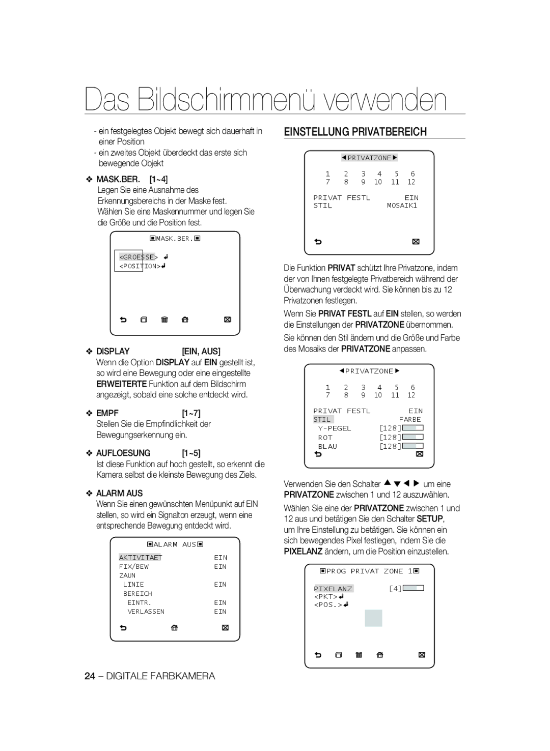 Samsung SCC-B2033P, SCC-B2333P, SCC-B2333BP manual Einstellung Privatbereich, Displayein, Aus, Empf, Aufloesung, Alarm AUS 