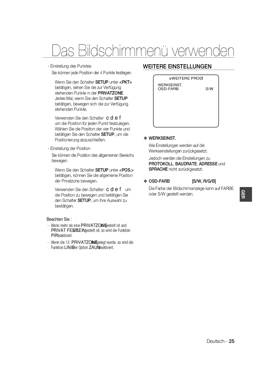 Samsung SCC-B2333P, SCC-B2033P manual Weitere Einstellungen, Einstellung des Punktes, Osd-Farb, Werkseinst OSD-FARBS/W 