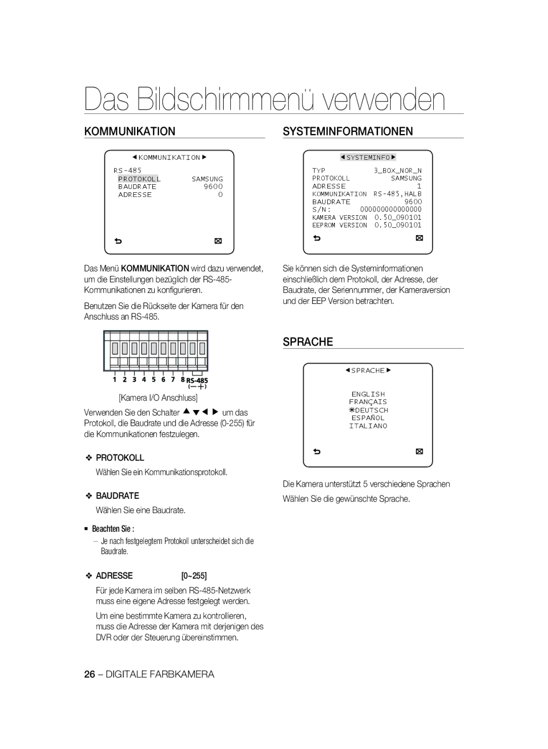 Samsung SCC-B2333BP manual Kommunikation Systeminformationen, Sprache, Protokoll, Wählen Sie ein Kommunikationsprotokoll 