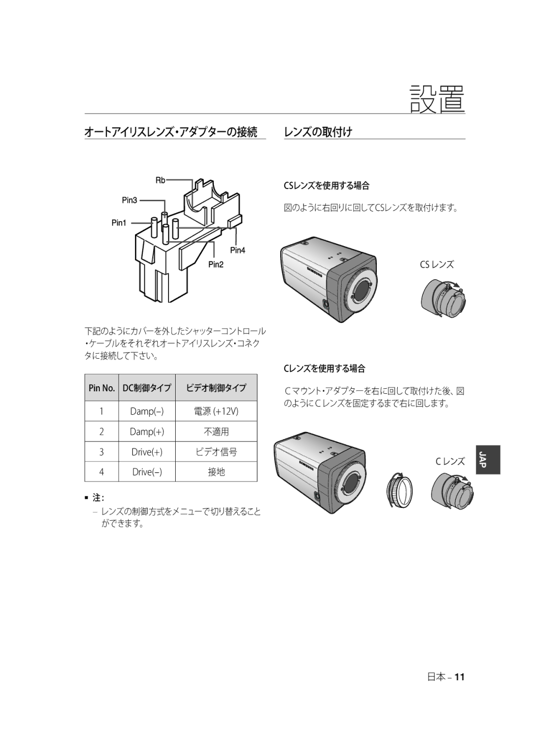 Samsung SCC-B2033BP, SCC-B2033P, SCC-B2333P, SCC-B2333BP manual Csレンズを使用する場合, Cs レンズ, Cレンズを使用する場合 