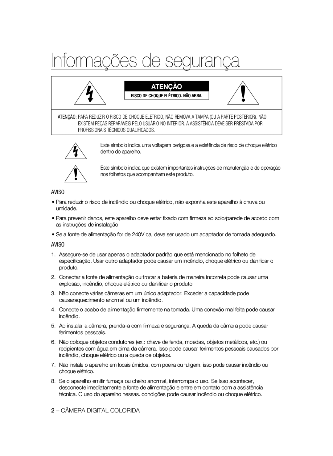 Samsung SCC-B2333BP manual Informações de segurança, Aviso, Câmera Digital Colorida, Risco DE Choque ELÉTRICO. NÃO Abra 