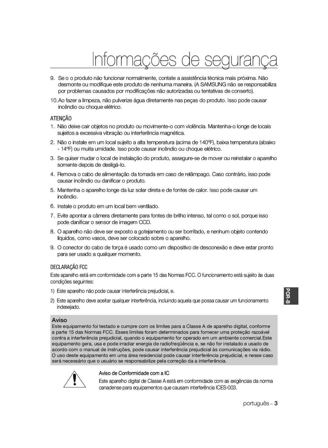 Samsung SCC-B2033BP, SCC-B2033P, SCC-B2333P, SCC-B2333BP manual Atenção, Declaração FCC, Português 