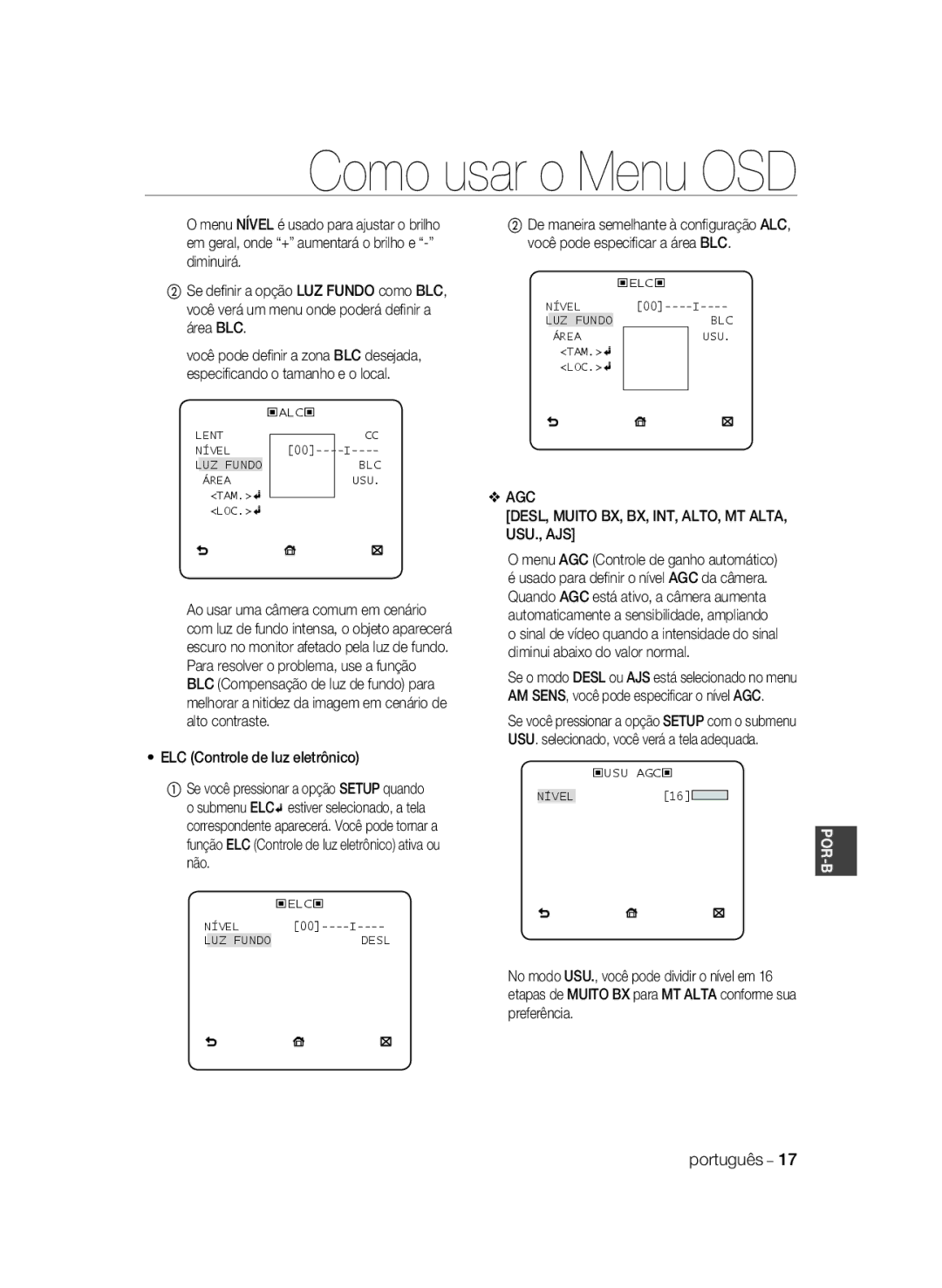 Samsung SCC-B2333P, SCC-B2033P manual ELC Controle de luz eletrônico, AGC DESL, Muito BX, BX, INT, ALTO, MT ALTA, USU., AJS 