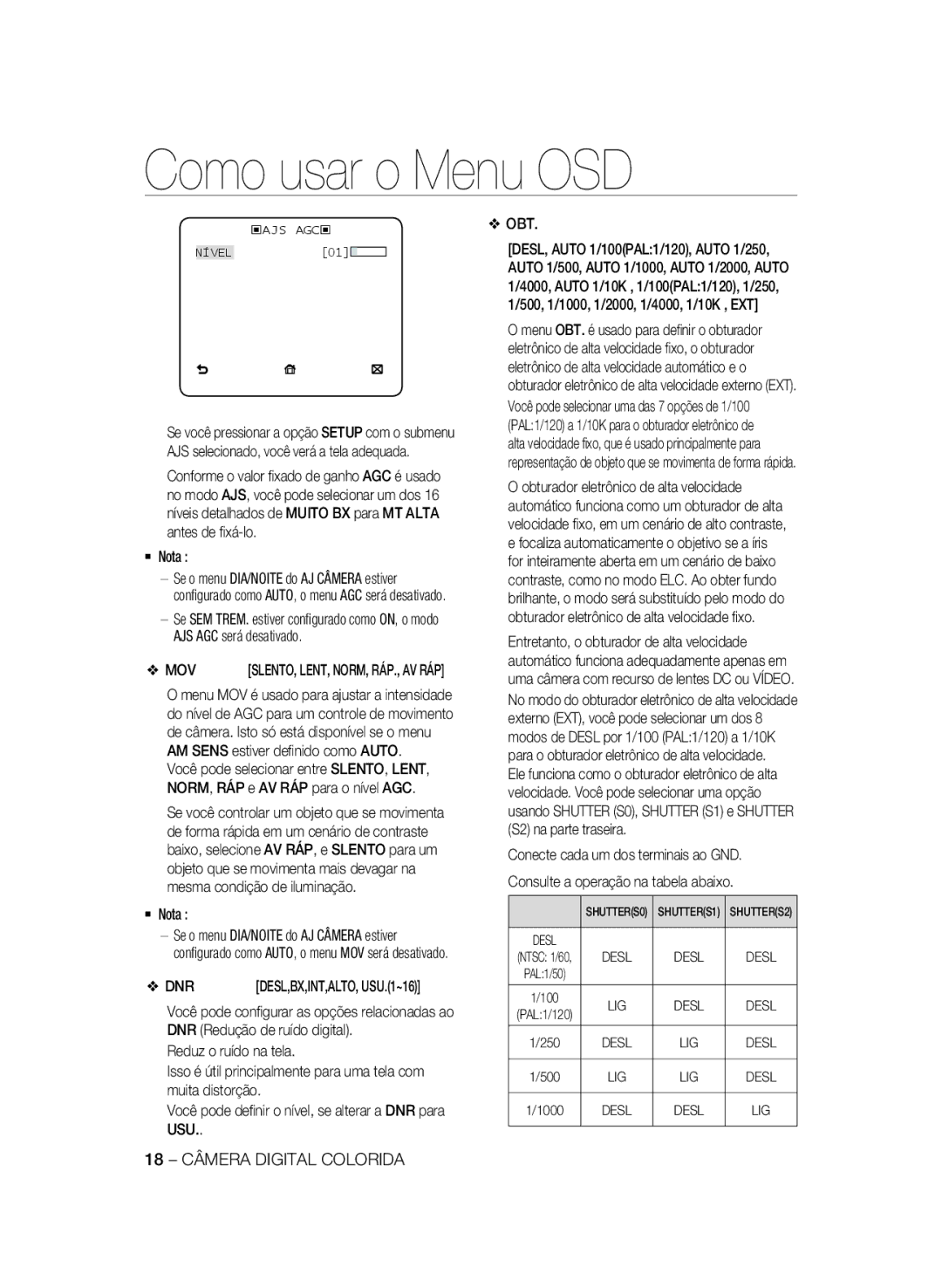 Samsung SCC-B2333BP, SCC-B2033P, SCC-B2333P, SCC-B2033BP manual 18 Câmera Digital Colorida, ‹Ajs Agc‹ 