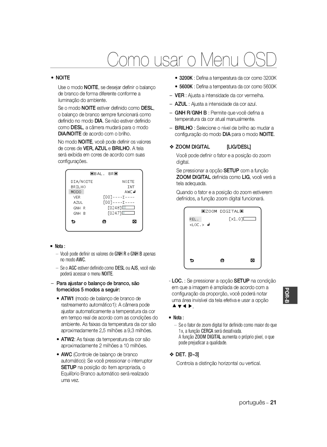 Samsung SCC-B2333P Azul Ajusta a intensidade da cor azul, DET ~3 Controla a distinção horizontal ou vertical, Lig/Desl 