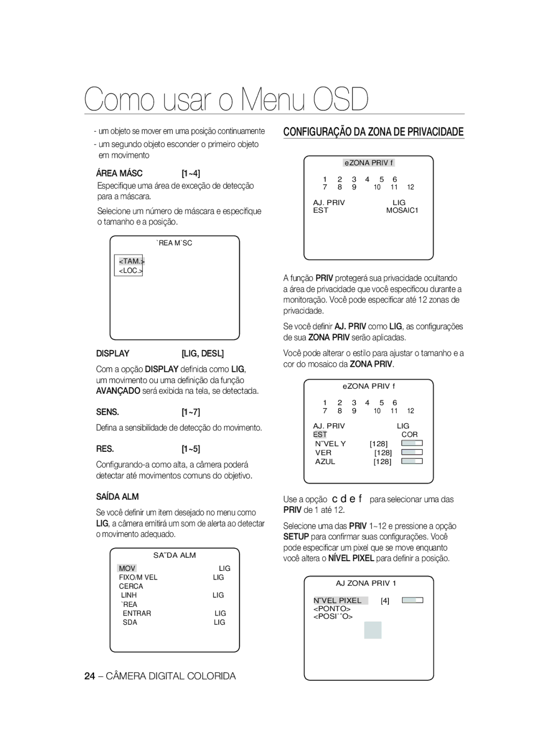 Samsung SCC-B2033P, SCC-B2333P manual Área Másc, Saída ALM, Configuração DA Zona DE Privacidade, 24 Câmera Digital Colorida 