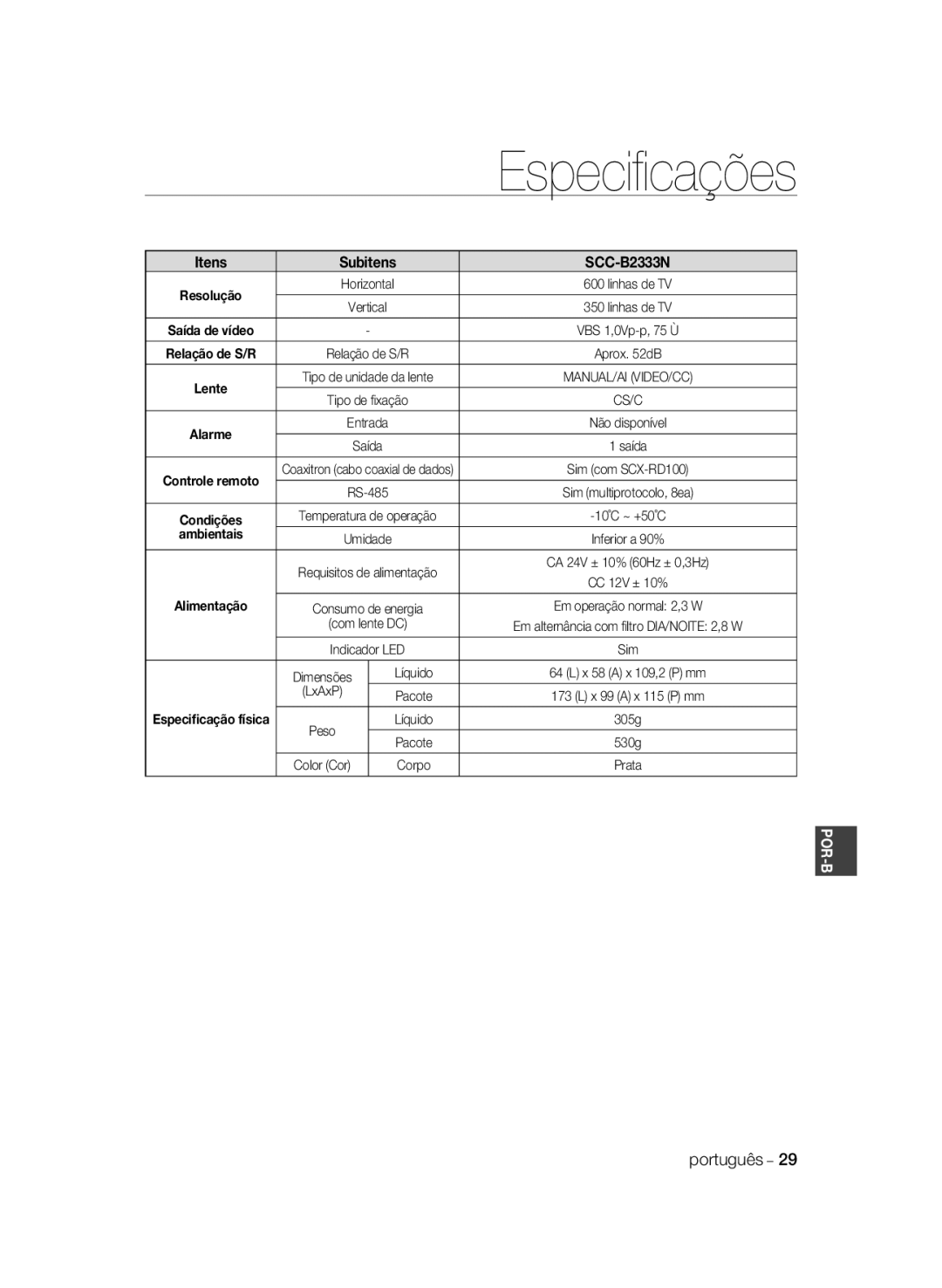 Samsung SCC-B2333P, SCC-B2033P, SCC-B2333BP, SCC-B2033BP manual Especiﬁcações 