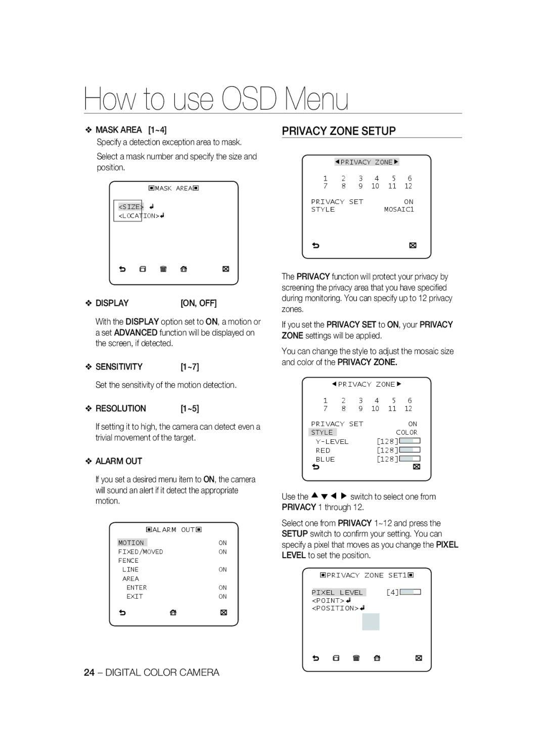 Samsung SCC-B2033P, SCC-B2333P, SCC-B2333BP, SCC-B2033BP Privacy Zone Setup, Display, Sensitivity, Resolution, Alarm OUT 