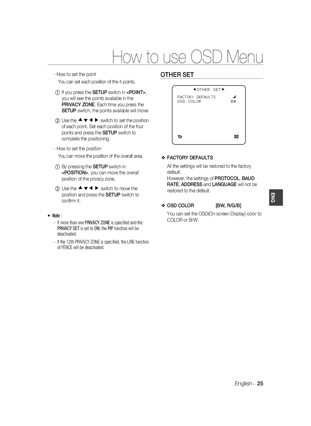 Samsung SCC-B2333P, SCC-B2033P, SCC-B2333BP, SCC-B2033BP manual Other SET, Factory Defaults, OSD Color 