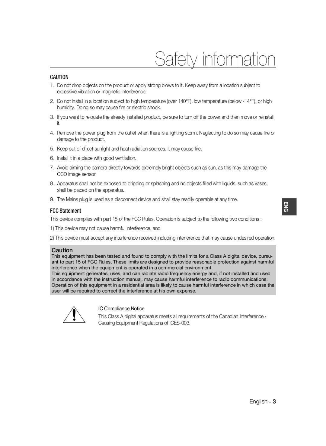 Samsung SCC-B2033BP manual FCC Statement, This device may not cause harmful interference, IC Compliance Notice, English 