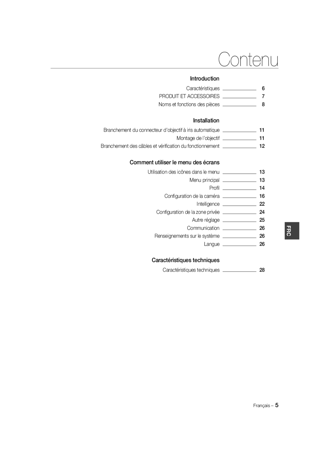 Samsung SCC-B2333P, SCC-B2033P manual Contenu, Introduction Caractéristiques, Comment utiliser le menu des écrans, Proﬁl 